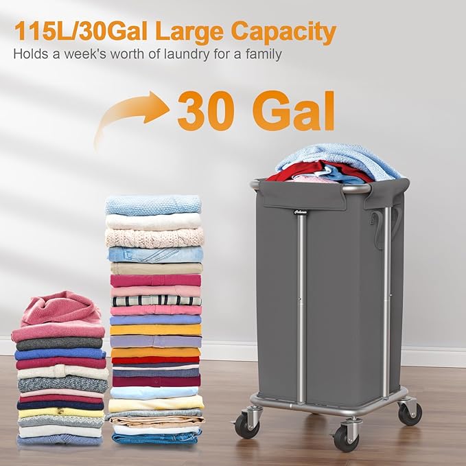 115L Laundry Basket with Wheels, 30 Gal. Rolling Laundry Hamper, Removable and Machine Washable Liner, Steel Frame, Tall Laundry Cart for Laundry Room, Bedroom, Bathroom, Dorm Storage -Gray