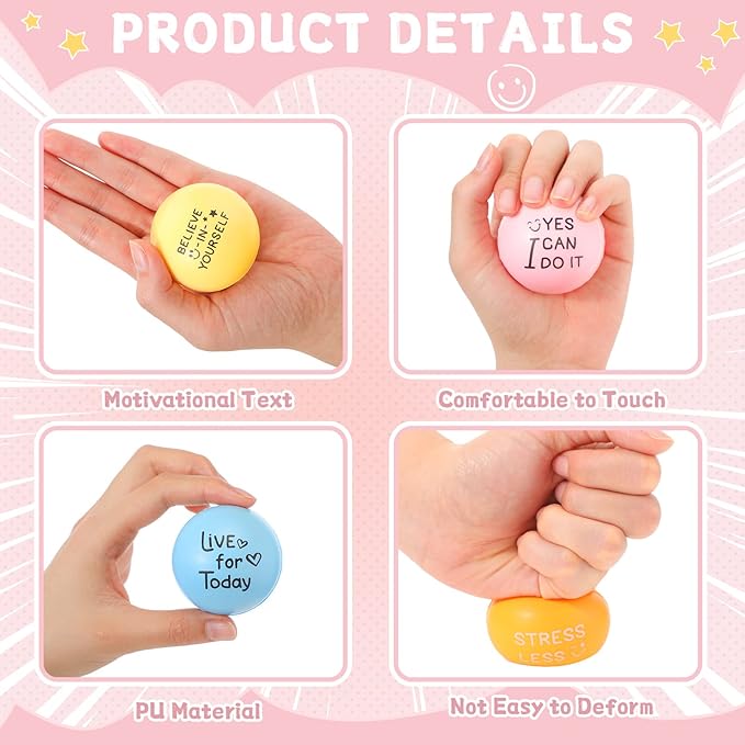 Wettarn 60 Pcs Motivational Stress Balls for Adults with Drawstring Bag 1.97" Inspirational Encouraging Anxiety Stress Relief Foam Ball with Quote Hand Exercise Squeeze Accessory(Pastel Colors)