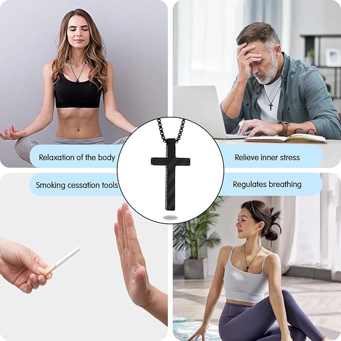 American Flag Cross Breathing Necklace for Women Men Quit Stop Smoking Stainless Steel Inspirational Bible Verse Anxiety Relief Mindfulness Jewelry for Stress Relief Christian Meditation Gift