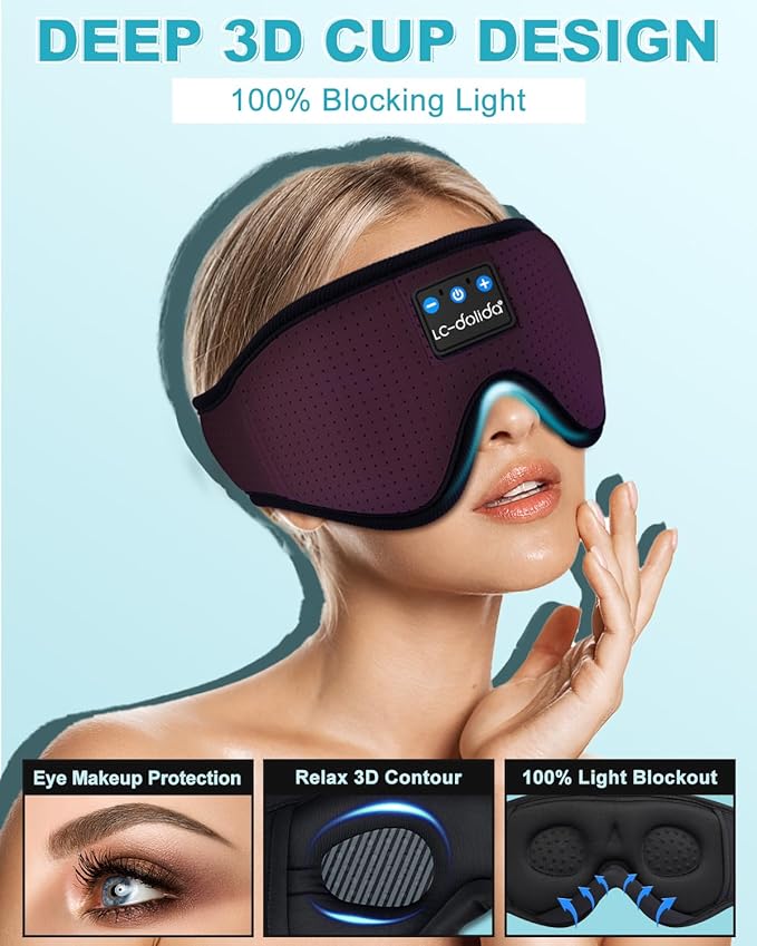 LC-dolida Sleep Headphones, 3D Sleep Mask Bluetooth Wireless, Sleeping Headphones for Side Sleepers Sleep Eye Mask Music Weighted Sleeping Mask Meditation Gifts for Men Women (Red)