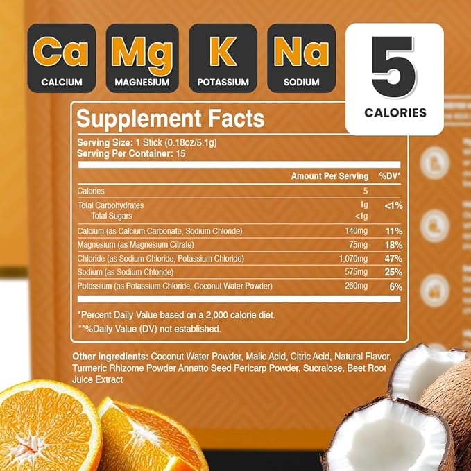 Hydrashot Orange Flavored Hydration Formula with Coconut Water Powder, Calcium, Magnesium, Potassium, and Sodium, Sugar-Free, Hydration Powder Packets, Rehydrates and Replenishes Electrolytes