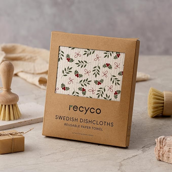 RECYCO 4 Pack Christmas Swedish Dishcloths for Kitchen | Jolly Holiday Washable Dish Towels | Cellulose Reusable Cleaning Paper Towels | Absorbent Counter Dish Cloth Sponge Kitchen Wipes, 7" x 8"