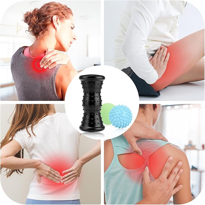 Foot Massager Roller & Massage Lacrosse Ball & Spiky Ball, 3-in-1 Therapy Set for Plantar Fasciitis Relief —Heel Spur, Arch Pain—Back/Neck/Shoulder Trigger Point & Deep Tissue Massage
