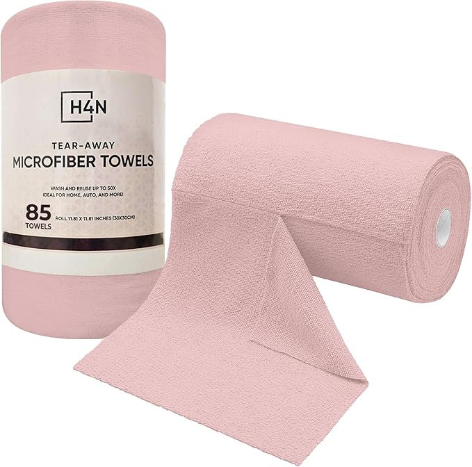 H4N Microfiber Cleaning Cloth Roll, 85 Pack Micro Fiber Cloth for Cleaning, Tear Away Towels, Ultra Absorbent, Non-Abrasive, Reusable and Washable Cleaning Supplies, 11.81" x 11.81", Pink