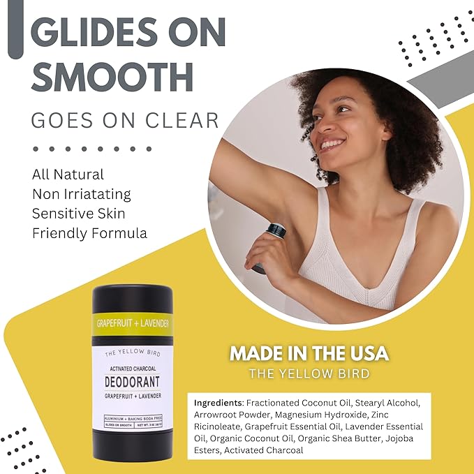 Natural Charcoal Deodorant - Baking Soda & Aluminum Free, For Men & Women, Sensitive Skin Friendly, Vegan, with Lavender, Grapefruit Essential Oils | 3oz | Made in USA