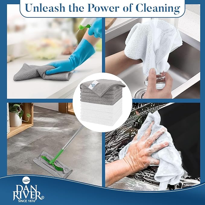 DAN RIVER 24-Pack Microfiber Towels โ Ultra Absorbent, lint Free Cloth & Streak-Free for Home, Car & Kitchen - Must-Have Cleaning Essentials - 12" x 12" - Gray White