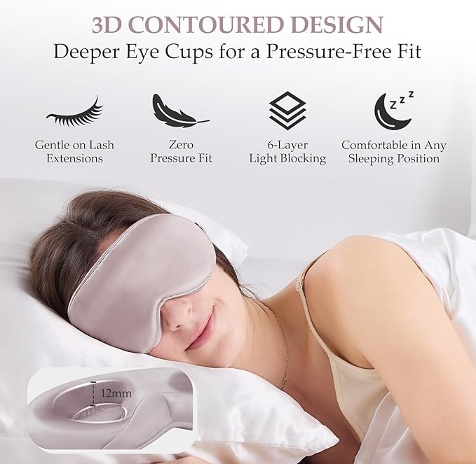 100% 22 Momme Mulberry Silk Sleep Mask with Adjustable Strap, 3D Contoured Cup Silk Eye Mask for Sleeping, Total Black Out, Dusty Purple