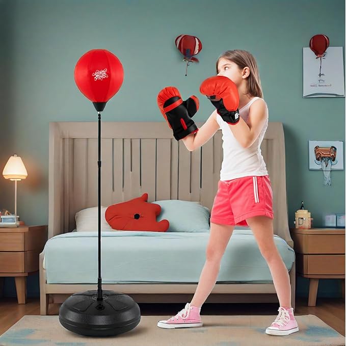 Goplus Punching Bag for Kids, Height Adjustable Kids Workout Equipment with Boxing Stand, Boxing Gloves, Inflator for Teens Adults Boys & Girls Aged 8+, Reflex Bag for Christmas Birthday