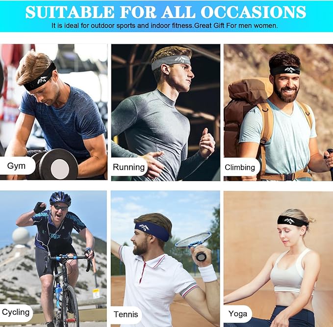 Headbands for Men Women Sweat Bands Headbands Men Sweatbands for Mens Women 3 Pack Cooling Head Bands Mens Elastic Headband Hairband for Running Yoga Gym Athletic Gifts