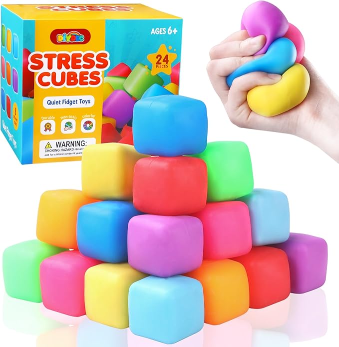 DIYDEC 24 Pcs Stress Cube Toys 8 Colors Slow Rising Stress Balls for Kids Classroom Prizes Goodie Bags Squeeze Stretch Fidget Balls for Party Favors Adults Stress Relief