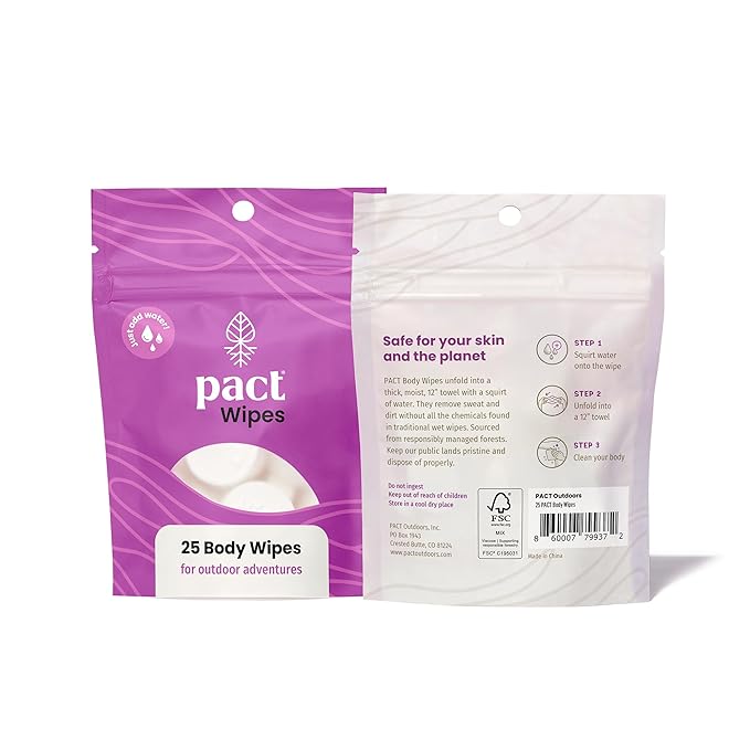 PACT Wipes for Camping and Backpacking (25-Pack) | Compressed Extra Large Wipes For Body, Hands, Bathing, Shower