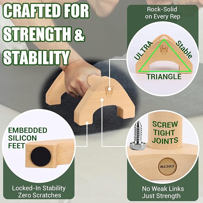 Wooden Push Up Bars, 2 PCS Solid Beech Wooden Parallettes with Embedded Non-slip Feet & Training Poster for Floor, Push Up Stands for Men Strength Training, Planks, Calisthenics & Home Gym Workout