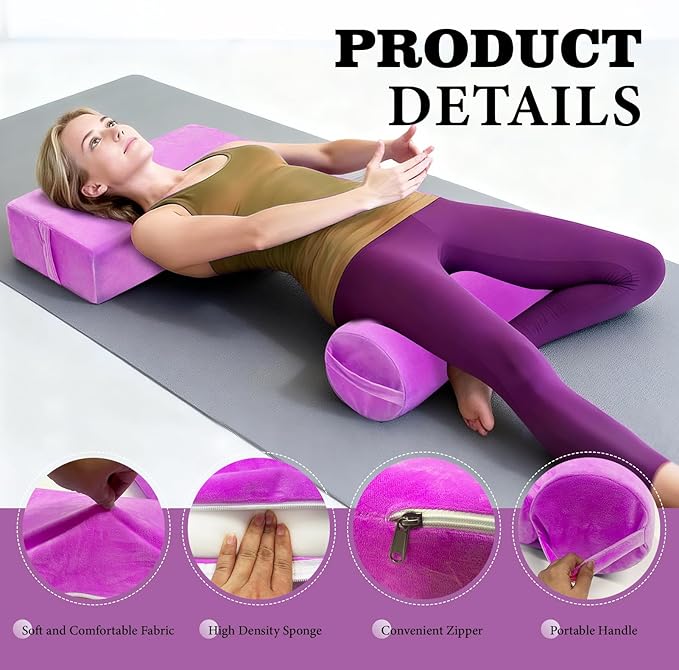 2 PCS Yoga Bolster Pillow Set Washable Velvet Cover Meditation Bolster with High Density Foam and Carry Handle Rectangular and Cylinder Bolsters for Restorative Yoga