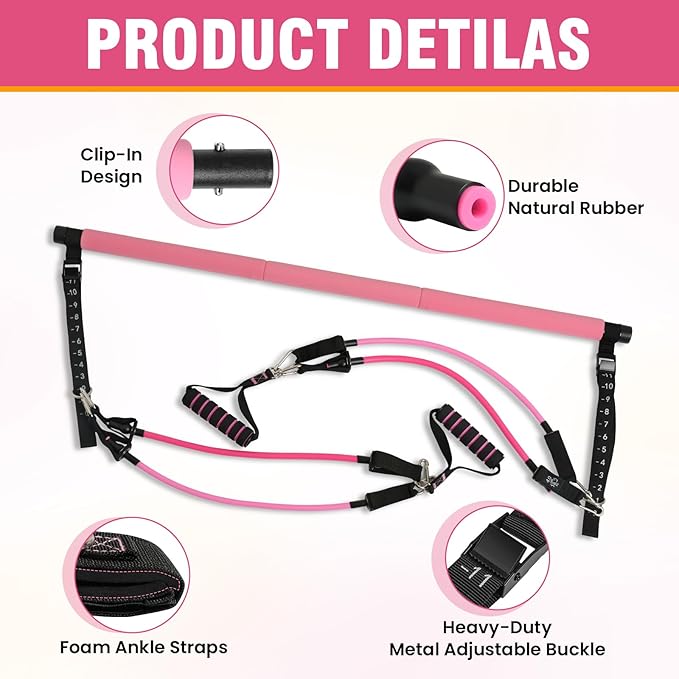 Upgraded Pilates Bar Kit, Durable Pilates Bar Kit with Resistance Bands for Women & Men -with Workout Guide Perfect for Beginner - Pilates Equipment for Home, Gym, Travel, Office Use