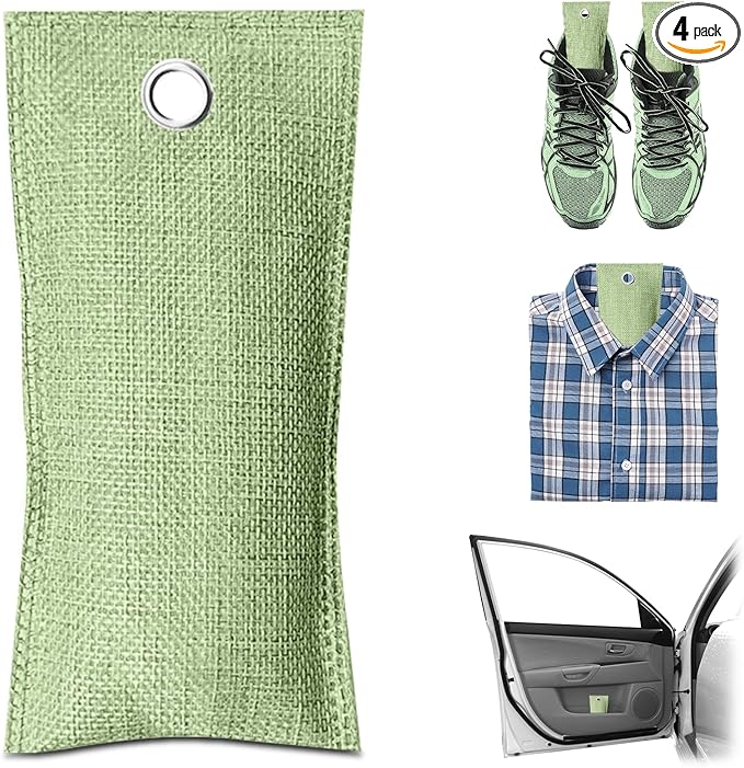 4 Pack charcoal odor absorber,Bamboo Charcoals Air Purifying Bag Charcoals Deodorizer Eliminator for Strong Odors in Car, Closet, Shoe, Basement (75G*4 Pack Light Green-2, Unscented)