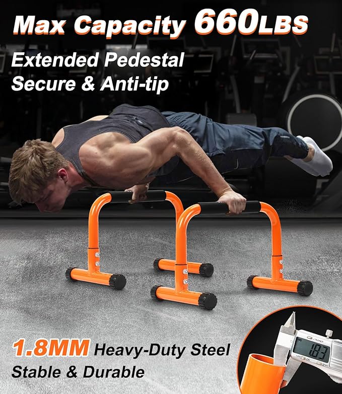 TABEKE Push Up Bar, 12" High Parallettes Bars & Dip Bar With Full-Cover Foam Handles, No Wobbling Calisthenics Equipment For Handstand, L-Sit, Gymnastics, Strength Training Home Gym