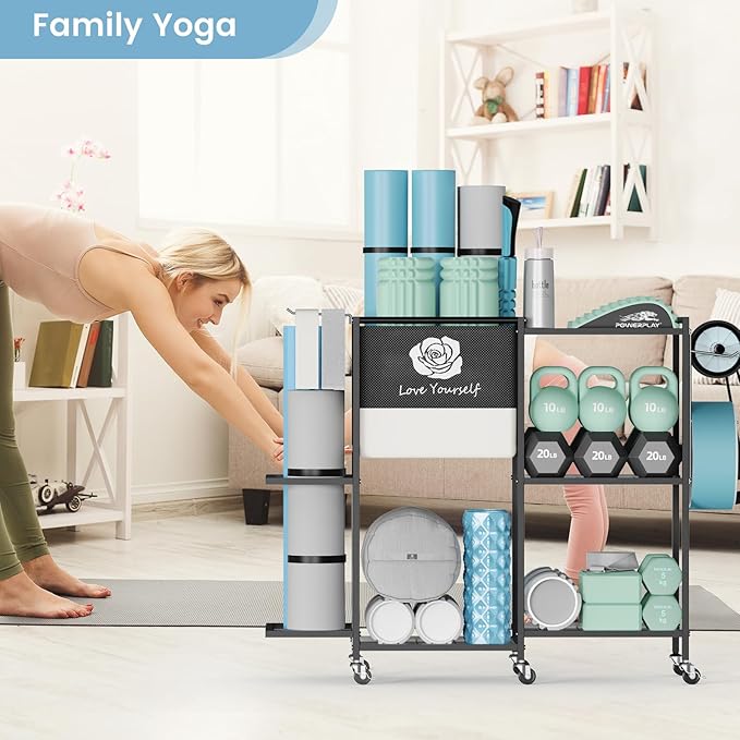 Yoga Mat Storage Rack,Home Gym Storage Rack Gym Workout Equipment Storage Organizer Fitness Weight Rack on Wheels for Yoga Mat,Yoga Block,Foam Roller,Resistance Band,Dumbbell,Kettlebell and Other Workout Accessories