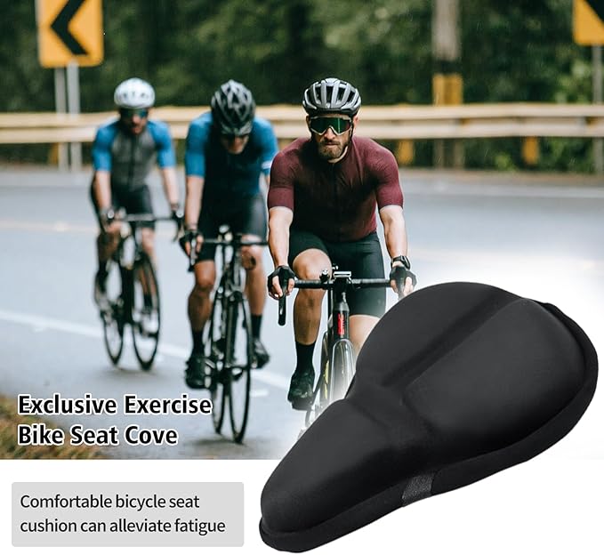 Bike Seat Cover, HUIOK Wide Gel Exercise Bike Seat Cushion for Women Men Comfort, Fits Spin, Stationary and Cruiser Bikes, Indoor Outdoor Cycling, Water Dust Resistant Cover Included