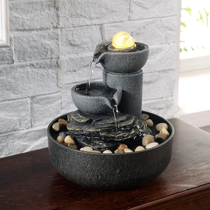 GOSSI Tabletop Fountain Indoor Fountain 2-Tiered Water Meditation Decorative Waterfall w/LED/Cobblestone/Glass Rolling Ball Soothing Sounds for Office and Home