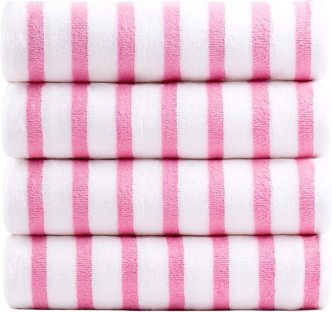 JML Beach Towels, Microfiber Bath Towel Set, Cabana Stripe, Large, Absorbent, Quick Dry for Adult, Travel, Summer, Sport, Swimming, Pool, Yoga, Camping, 4 Pack, 30" x 60", Stripe Pink and White