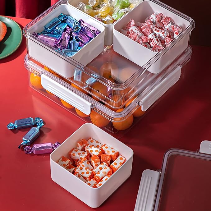 MineSign 2Pack Divided Veggie Tray with Lid Snackle Box Serving Container Salad Keeper with 4 Removable Boxes Stackable Refrigerator Organizer Bins Produce Saver for Meal Prep Fruit