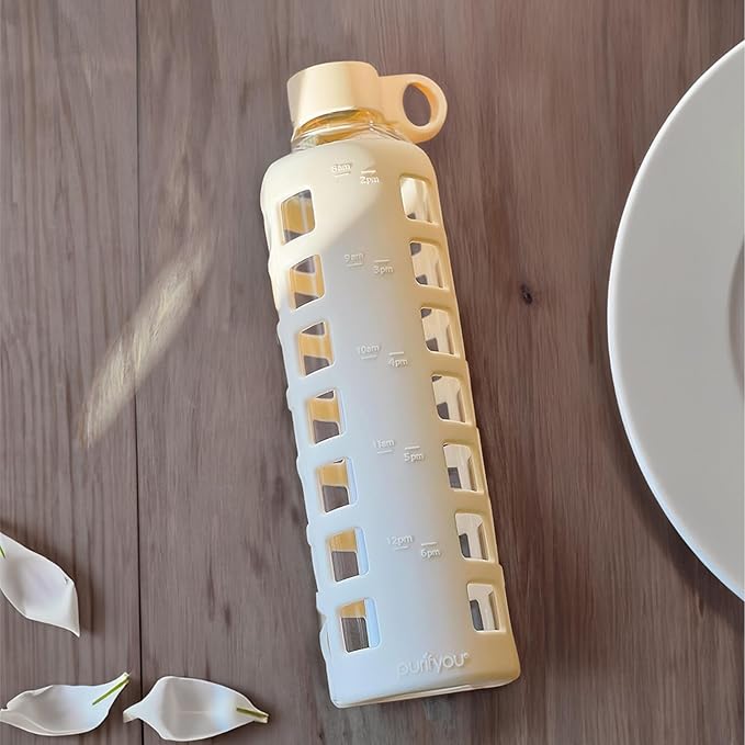 purifyou 40oz / 32oz / 22oz / 12oz Borosilicate Glass Water Bottle with Time & Volume Markers, Silicone Sleeve, Stainless Steel Lid | Reusable Glass Bottle for Water & Juice (32oz Pearled Ivory)