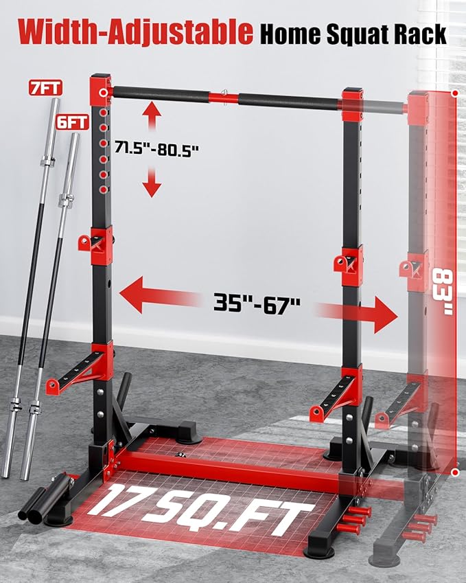 YOLEO Squat Rack with Adjustable Pull-Up Bar & Extended Safety Arms, Multi-Functional Power Racks Squat Stand for Home Gym, Garage & Basement, 35"-67" Width, Fixed 83” Frame Height, Pull-Up Bar Height 71.5"-80.5", Fits 6FT & 7FT Barbells