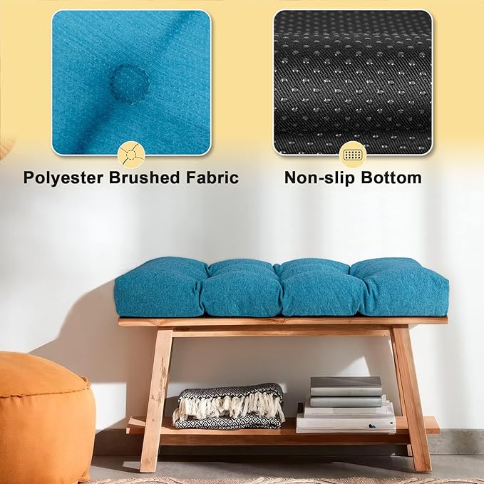Bench Cushion 42 Inch - Polyester Brushed, High-Density Foam, Non-Slip Bottom, Soft Durable Indoor Tufted Long Seat Cushion for Window Garden Furniture (Cerulean, 42x16x4 Inch)
