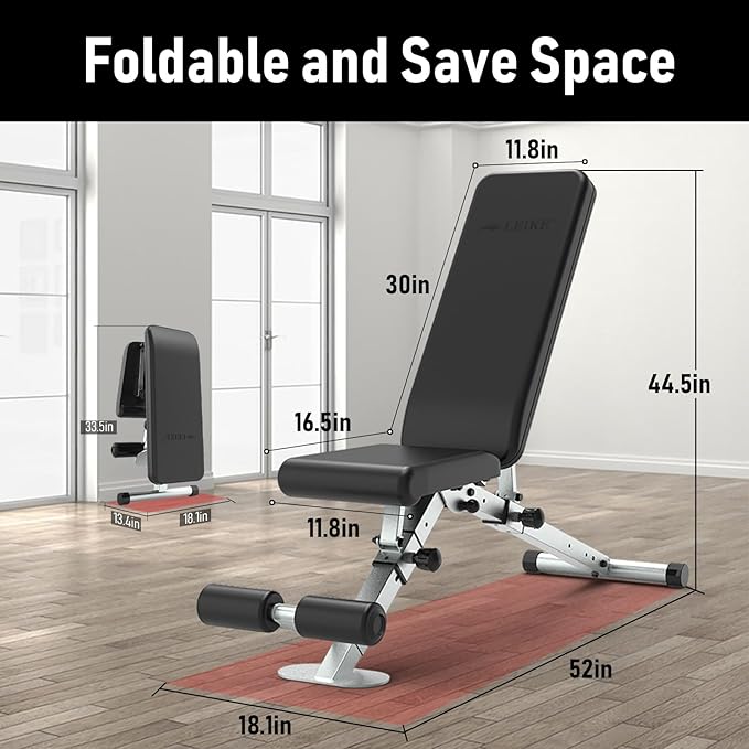 leikefitness Adjustable Weight Bench Foldable Workout Exercise Bench with Automatic Lock for Upright Incline Decline and Flat Full Body Exercise