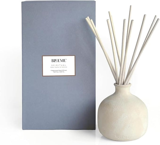 BLUEME Spiritual-Palo Santo & Vetiver, 16.91 Fl Oz Wellness Diffuser, Contains Essential Oil, Sustainable, Hand Finished, Premium, Luxury Ceramic, Natural Rattan Reeds