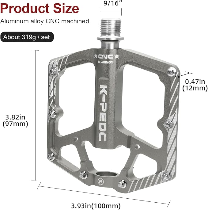 Bike Pedal Aluminum Alloy 9/16" Bike Pedal MTB Wide Platform Flat Non-Slip Bicycle Pedals with 3 Bearings for Mountain Bikes, Road, BMX