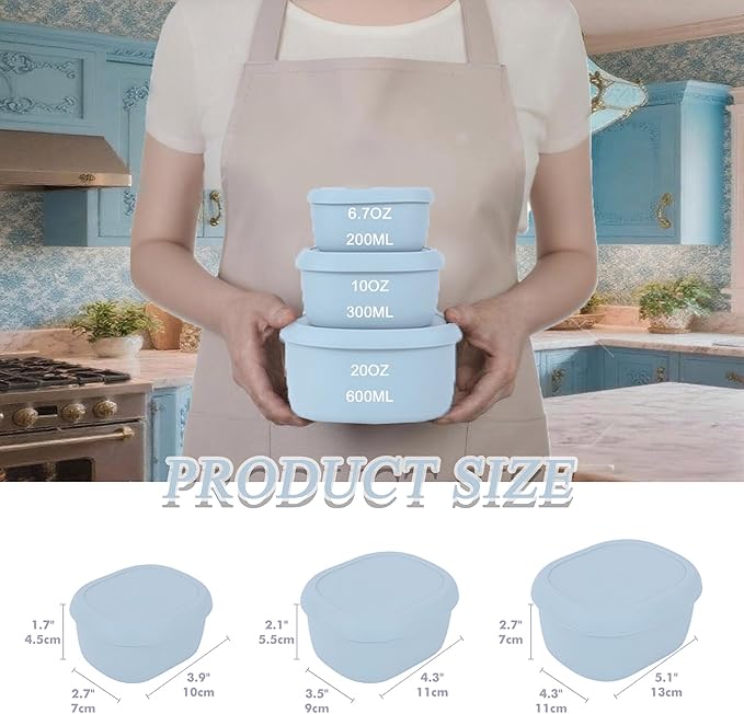 Reusable Nesting Silicone Food Storage Containers, Set of 3 Lunch Box Bento with Lids, Airtight Snack Container, BPA Free, Dishwasher Microwave Oven Freezer Safe (6.7oz, 10oz, 20oz) (Light Blue)