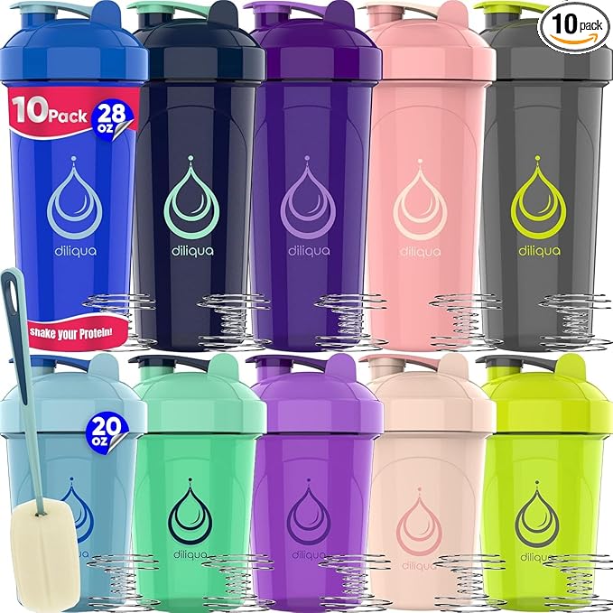 10 PACK, Shaker Bottles with Wire Whisks for Protein Mixes | Leakproof Blender Shaker Bottle Pack| BPA-Free & Dishwasher Safe | 5 Large 28-oz & 5 Small 20-oz shaker bottle | Shaker Cups for shakes