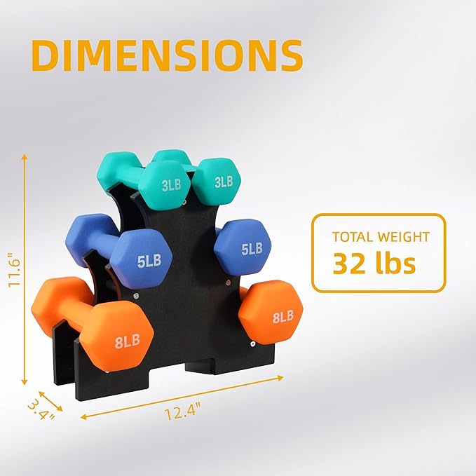 Colored Neoprene Dumbbell Set with Rack, Multiple Weight Options, 20LBS, 32LBS, 50LBS and 56LBS Sets