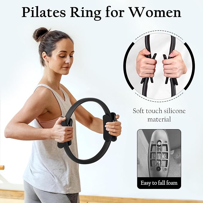 Pilates Ring Set – Magic Circle with Dual Padded Handles, Mini Exercise Ball & 5 Resistance Bands | Pilates Kit for Women | Home Workout Equipment for Full-Body Training & Fitness Set