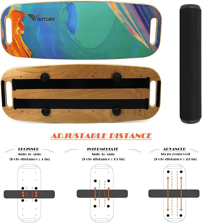 VIVITORY Balance Board Trainer with Handle, Roller Board with Adjustable Stoppers – 3 Different Distance Options 4, 13 and 22 inches, for Hockey, Surfing, Snowboarding, Skateboarding and Skiing
