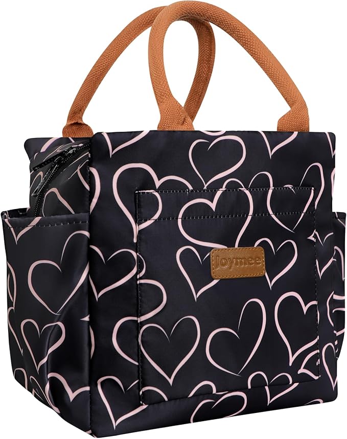 Joymee Lunch Bag Women Insulated Lunch Box Reusable Leakproof Large Spacious Cooler Tote for Women Men Adult with Bottle Holder and Side Pockets for Work Office Travel Picnic - Love Heart