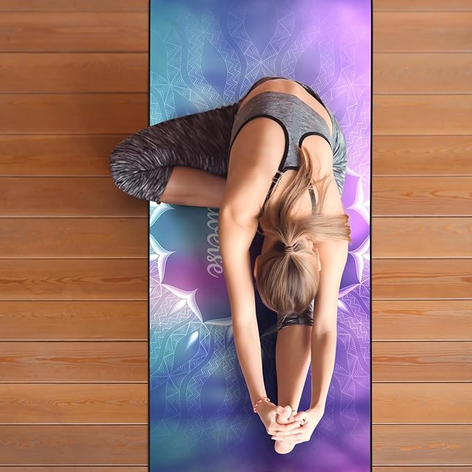 Colorful Star Large Yoga Towel with Corner Pockets, Non Slip Grip Dots Absorbent Hot Yoga Mat Towels, Yoga Blankets with Travel Bag, Mat Cover for Workout, Gym, Fitness - 74"x26", Purple Blue Lotus