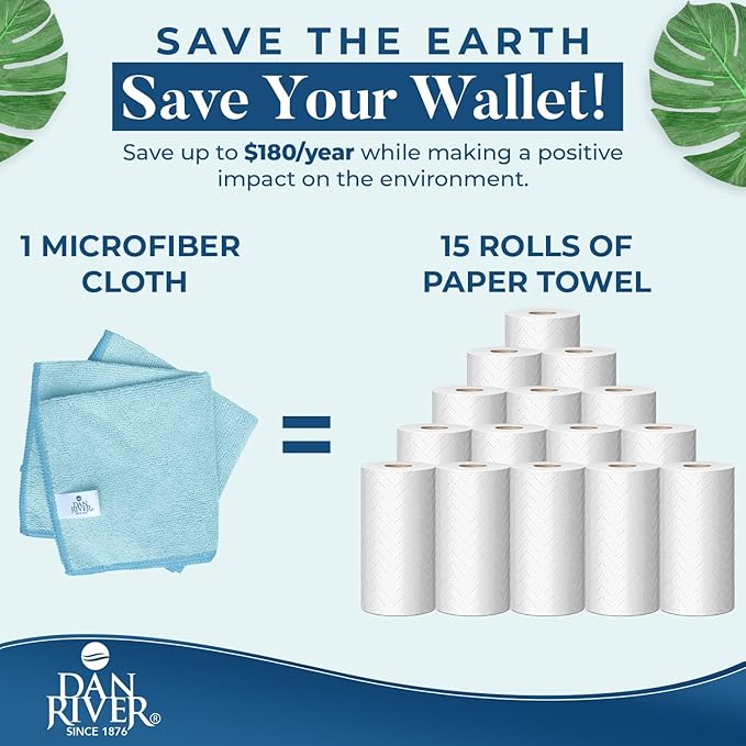 DAN RIVER 24-Pack Blue Microfiber Towels โ Ultra Absorbent, Lint-Free & Streak-Free wash Cloths Kitchen for Home & Car - Must-Have Cleaning Essentials - 12" x 12"