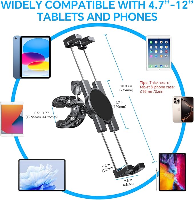 Coolpow Tablet Holder for Spin Bike【360° Adjustable】 Tablet Clamp for Treadmill Phone Mount for Stationary Bicycle, Treadmill, Microphone Stand Fit for All 4.7-12.9" Apple iPad Galaxy Tabs