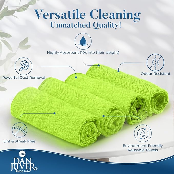 DAN RIVER 24-Pack Green Microfiber Towels โ Ultra Absorbent, Lint-Free & Streak-Free Cleaning Cloths for Home, Car & Kitchen - Must-Have Cleaning Essentials - 12" x 12"