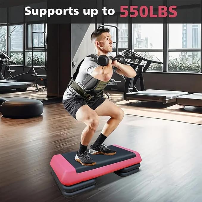 Adjustable Workout Aerobic Exercise Step Platform, Fitness & Exercise Step Platform with 2/4 Stackable Risers for Home Gym Cardio Training(Grey/Red)