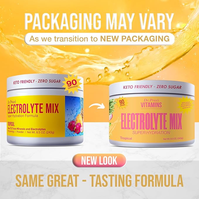 Dr. Price’s Electrolyte Mix | Sugar-Free Hydration Powder with 72+ Trace Minerals | No Sugar, Fast-Dissolving Electrolytes Powder Packets | Tropical, 90 Servings