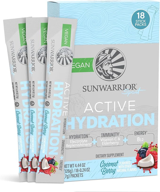 Electrolyte Powder Hydration Packets Powder B12 Elderberry | Coconut Berry Flavored 18 Stick Packs Box | Vegan and Plant-Based Sugar Free