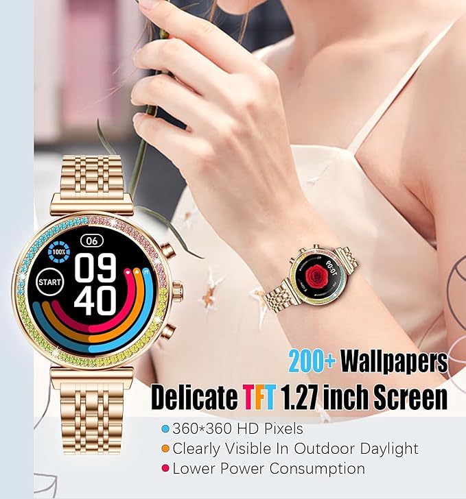 Fitness Smart Watch for Women, 1.27" HD Display, Bluetooth Calls, Waterproof Sports Women's Smartwatch, Heart Rate Monitor, Pedometer – Compatible with Android & iOS (Full Gold)