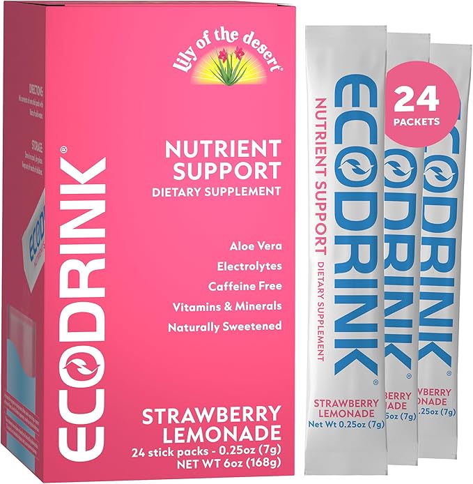 Lily of The Desert EcoDrink Nutrient Support Hydration Packets, Strawberry Lemonade – Naturally Sweetened Multivitamin Electrolyte Mix with Aloe, 24 Stick Packs/Box, 0.25 Oz Ea