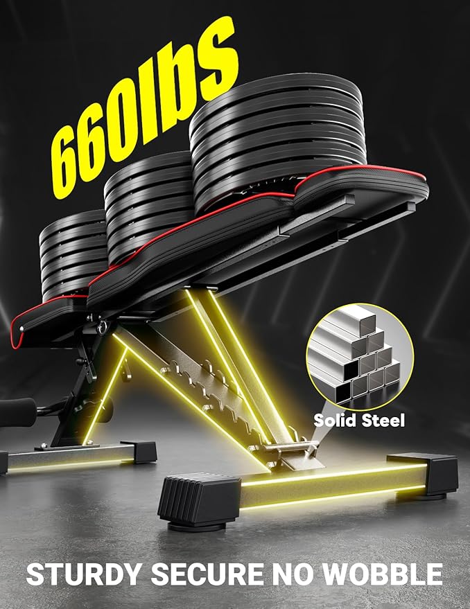 Yoleo Adjustable Weight Bench, 660LB Foldable Workout Bench with Extended Head/Neck Protection/Spine Support for Bench Press, Fast Folding Incline Decline Flat Bench