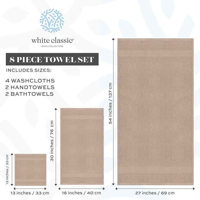 White Classic Luxury Bath Towel Set of 8 Pieces - 100% Turkish Cotton Highly Absorbent Towels for Bathroom, 2 Luxury Bath Towels 700GSM, 2 Hand Towels, 4 Washcloths, Taupe