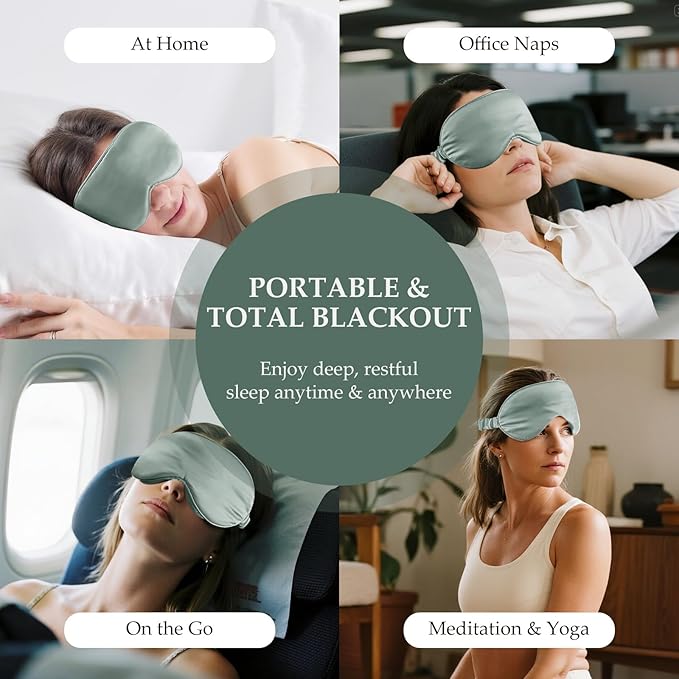100% Mulberry Silk Sleep Mask for Unisex, 22 Momme 3D Silk Contoured Eye Mask, Breathable Light Blocking Blindfold with Adjustable Strap, Blackout Eye Cover for Travel, Grayish Green