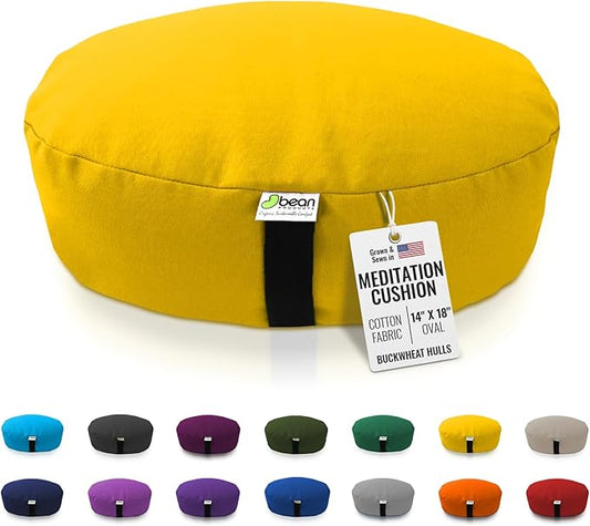BEAN PRODUCTS Zafu Meditation Pillows for Sitting on Floor, Yoga Cushion, Cotton/Buckwheat fill Yoga Pillow, Zafu Meditation Cushion, Zen Kneeling Prayer Pad- MADE IN USA - 14"x18" Oval - SAFFRON